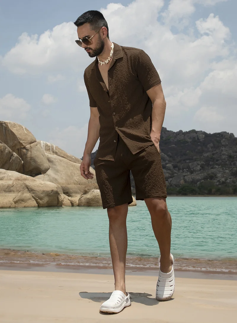 CAHOOT  Men's Chocolate Brown Crease-Box Co-Ord Set For Casual Wear | Spread Collar | Short Sleeve | Button Closure | Co-Ords Crafted With Comfort Fit For Everyday Wear for Men | Best Price UAE